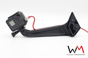 LHD Wilvern Motorsport GoPro mount for Recaro Sportster CS Seat with GoPro and charging cable shown from front