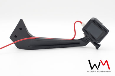 LHD Wilvern Motorsport GoPro mount for Recaro Sportster CS Seat with GoPro and charging cable shown from rear