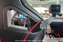 Load image into Gallery viewer, LHD Wilvern Motorsport GoPro mount for Recaro Sportster CS Seat with GoPro and charging cable shown from rear fitted to an Atomic Nurburgring edition seat in a Tesla Model 3