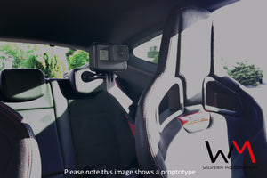 LHD Wilvern Motorsport GoPro mount for Recaro Sportster CS Seat with GoPro shown from front fitted to a seat in a Renault Megane RS