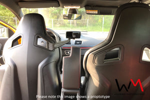 LHD Wilvern Motorsport GoPro mount for Recaro Sportster CS Seat with GoPro and charging cable shown from rear fitted to a seat in a Renault Megane RS
