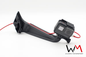 RHD Wilvern Motorsport GoPro mount for Recaro Sportster CS Seat with GoPro and charging cable shown from front